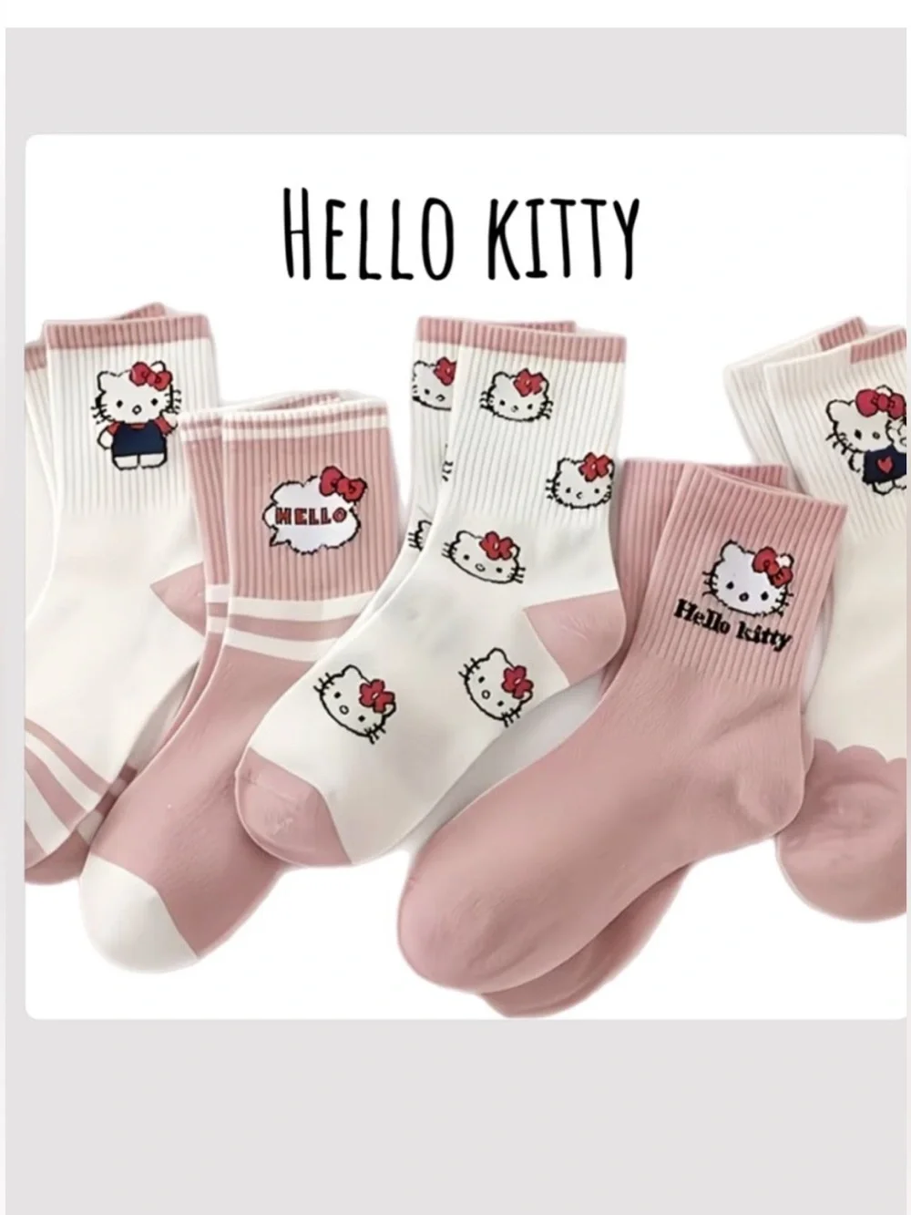 4 Pair Hello Kitty Kawaii Pink & White Crew Socks -